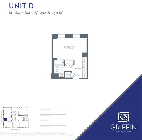 Floor plan for studio, 1 bath, 430 sqft